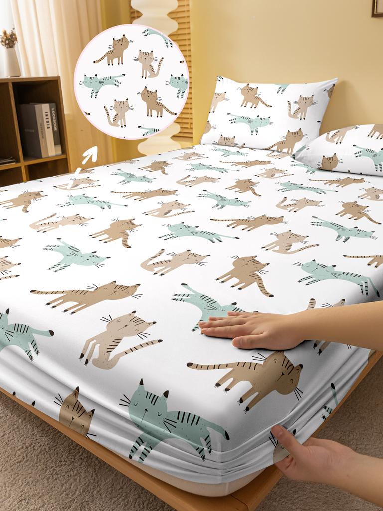 1 Cartoon Cute Animal Cat Printed Matte Fitted Sheet, Bedroom Printed Bed Cover, Bedding (Excluding Pillowcases)