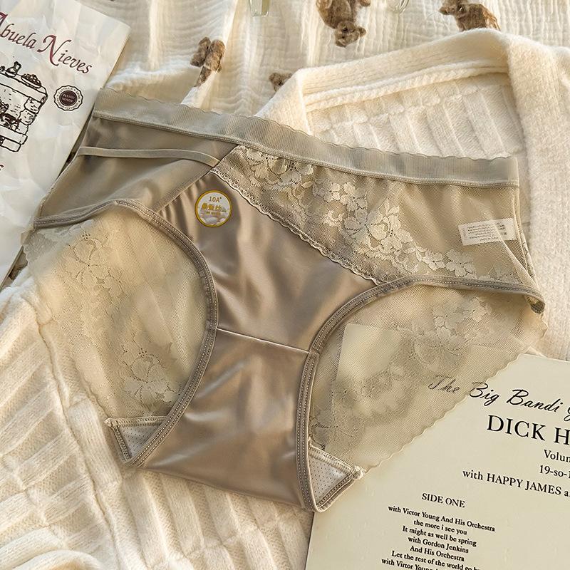 

Plus Size Ladies Premium Ice Silk Lace Sexy Sweet Mesh Mid Waist Panties 2XL зелений