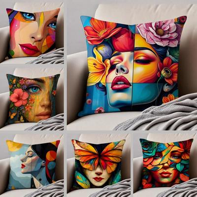 Square Bright Color Flower Girl Art Cushion Cover Throw Pillow Cover Hidden Button Durable Polyester Chair Cushion