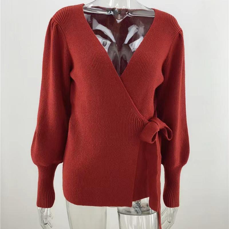 

IHUASU Осенне-зимний свитер Tie Temperament Commuter с V-образным вырезом, женский свободный модный вязаный кардиган большого размера XL красный