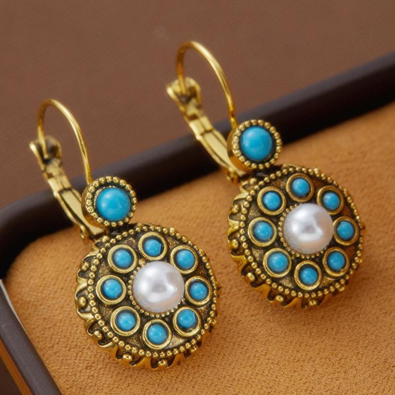 Bohemian Retro Round Inlaid Stone Pendant Earrings, Women s Personalized Ethnic Style Holiday Accessories Zircon