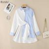 ZANZEA Women Casual Turn Down Collar Stripe Splice Loose Long Sleeve Blouse