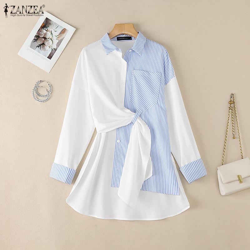 ZANZEA Women Casual Turn Down Collar Stripe Splice Loose Long Sleeve Blouse