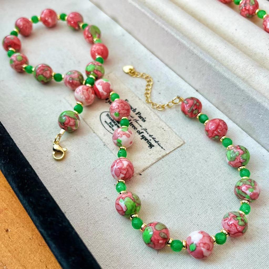 Retro National Style Pink Green Glazed Ceramic Beaded Necklace Women'S Atmosphere Niche Collarbone Chain Neck Chain