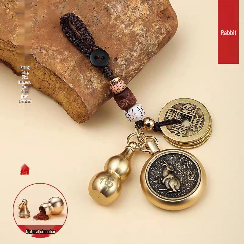 Reiner Messing Pixiu Kürbis Tierkreisanhänger mit Zinnobermünzen Schlüsselanhänger