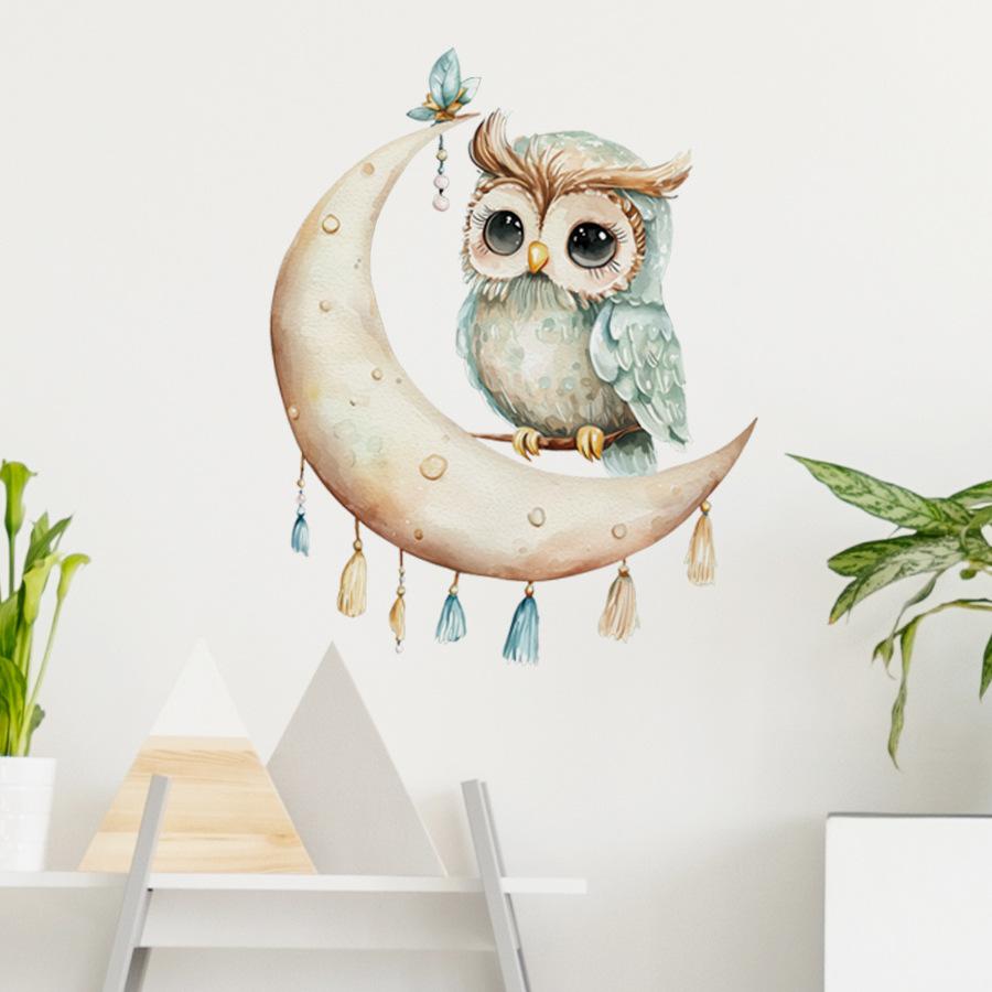Watercolor Cute Owl Crescent Moon Healing Wall Sticker for Bedroom Bedside Warm Home Decor