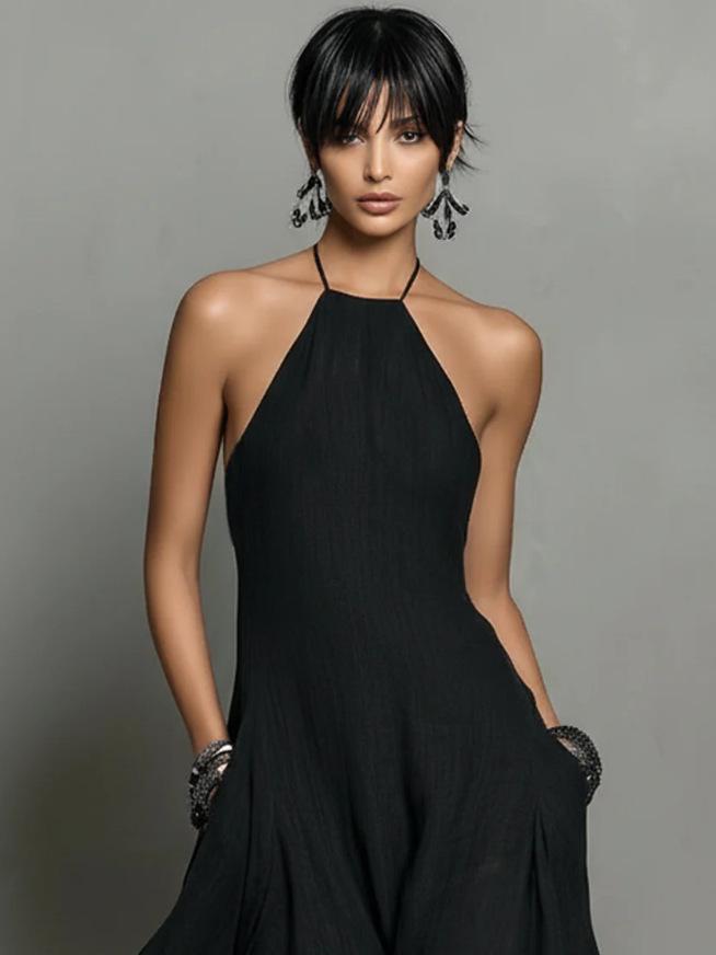 European and American Summer Sleeveless Halter Dress with Pockets – Elegant Slim Fit, Solid Color