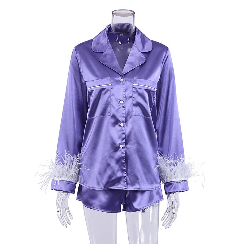 Women Satin Pajamas Set Lady Sleepwear Female Pajamas Suit Silk Nightwear Home Clothes Feather Cuff