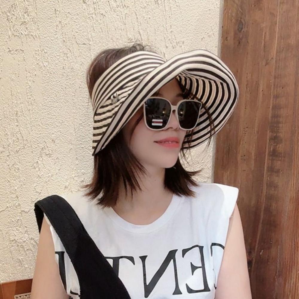 Wide Brim Summer Sun Hats Anti-UV Sun Protection Cap Fashion Stripe Empty Top Hat  Camping