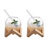 Creative Ronud Ball Glass Cup with Wood Stand Straw Wine Cocktail Glass Cup Transparent Moon Ball Cold Drinking Juice Cups