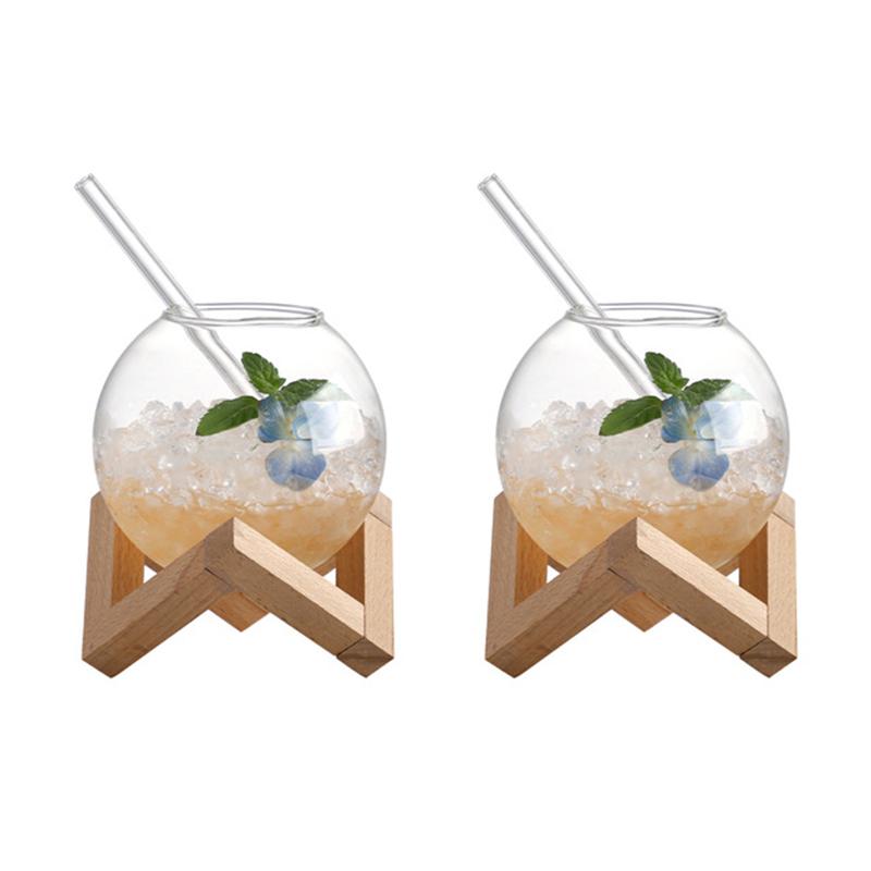 Creative Ronud Ball Glass Cup with Wood Stand Straw Wine Cocktail Glass Cup Transparent Moon Ball Cold Drinking Juice Cups
