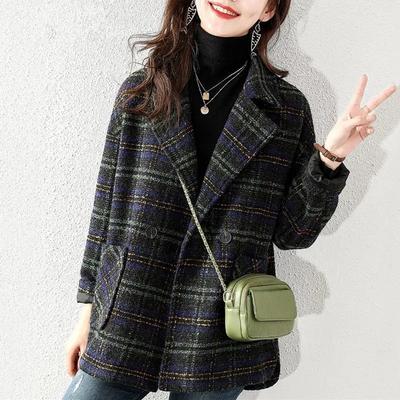 Karierten Anzug Woolen Mantel frauen Herbst Neue Koreanische Mode Lose Retro Plaid Woolen Mantel Mid-Länge Wolle Blazer vintage Grün