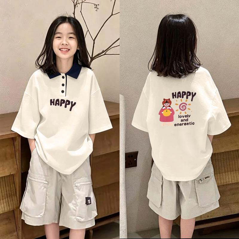 Trendy Girls' Cartoon Cotton Polo Shirt - Summer Patchwork Lapel Tee for Ages 8-15