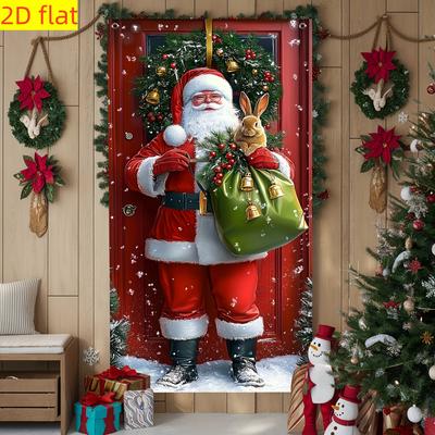 1 pièce Grand Banner de Porte de Noël - Décoration de Vacances Père Noël et Lapin avec Vue sur la Neige, Rideau de Porte Extra Long 35,4x70,8 pouces