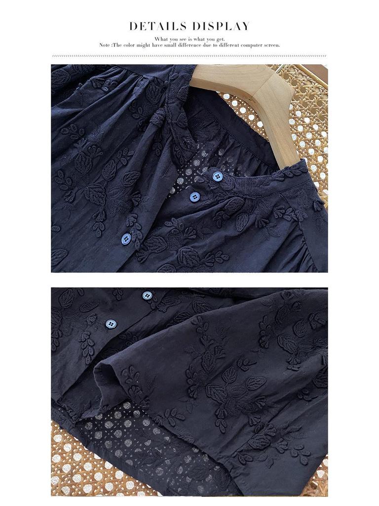 French Embroidered Women's Long Sleeve Cotton Blouse - High-End Autumn Collection