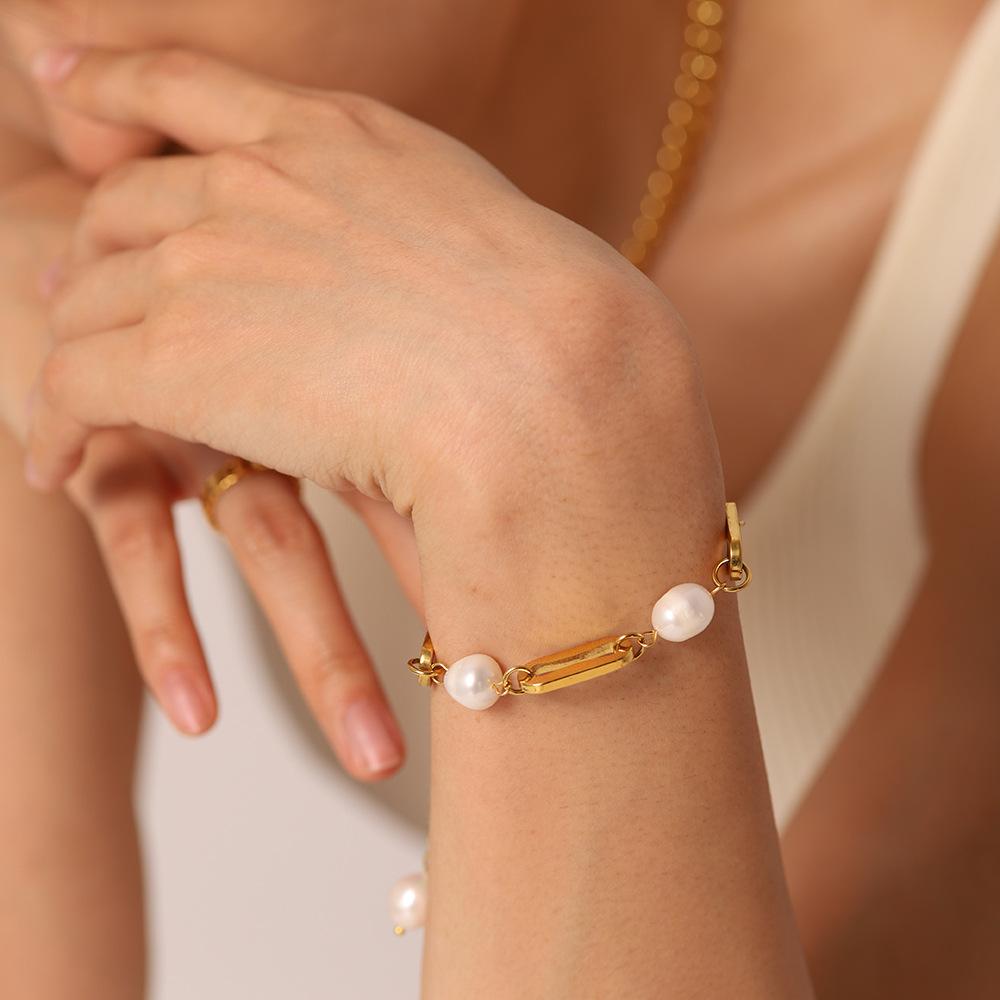 INS Internet celebrity same 18K gold-plated stainless steel baroque freshwater bracelet rectangular chain spacer pearl INS same