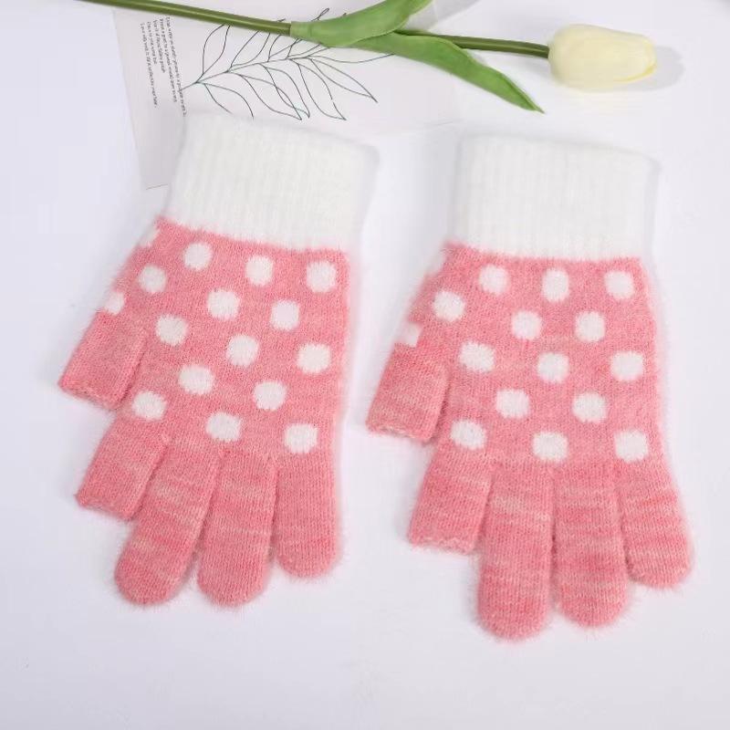 

Вязаные перчатки с пятью пальцами в стиле ретро с цветными блоками, в мелкий горошек, теплые и холодостойкие, перчатки с дырками на пальцах, перчатки с пятью пальцами