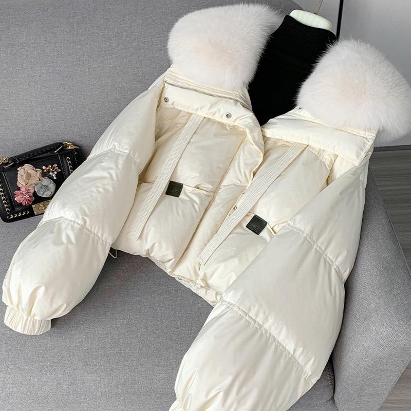 High-end Fox Big Fur Collar Down Jacket Women's Short Winter Fashion Leather Label Splicing Thickened White Duck Down Jacket