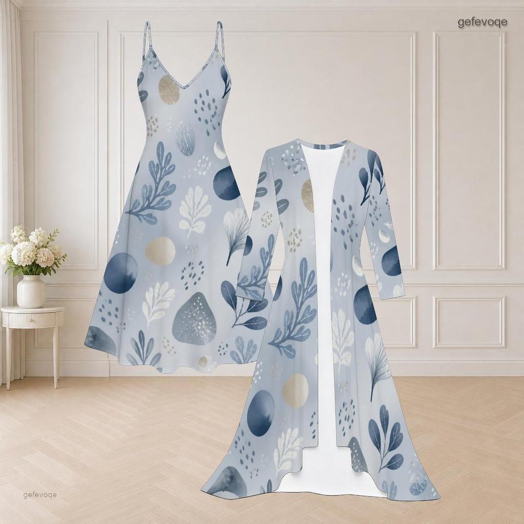 Women Plus Size Multicolor Printed Two Piece Set Spaghetti Strap Flared Dress Long Sleeve Open Front Cardigan