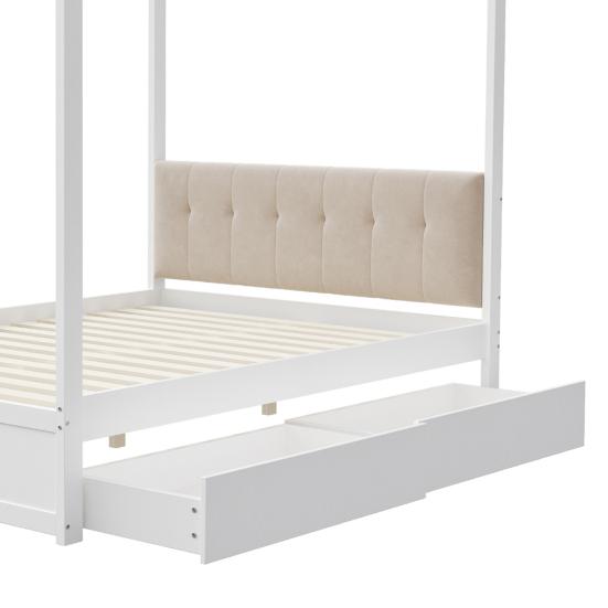 Cama com Dossel 140x200cm com Gavetas Grandes e Cabeceira Macia, Cama de Quatro Postes, Cama de Madeira Branca, Forte Capacidade de Carga