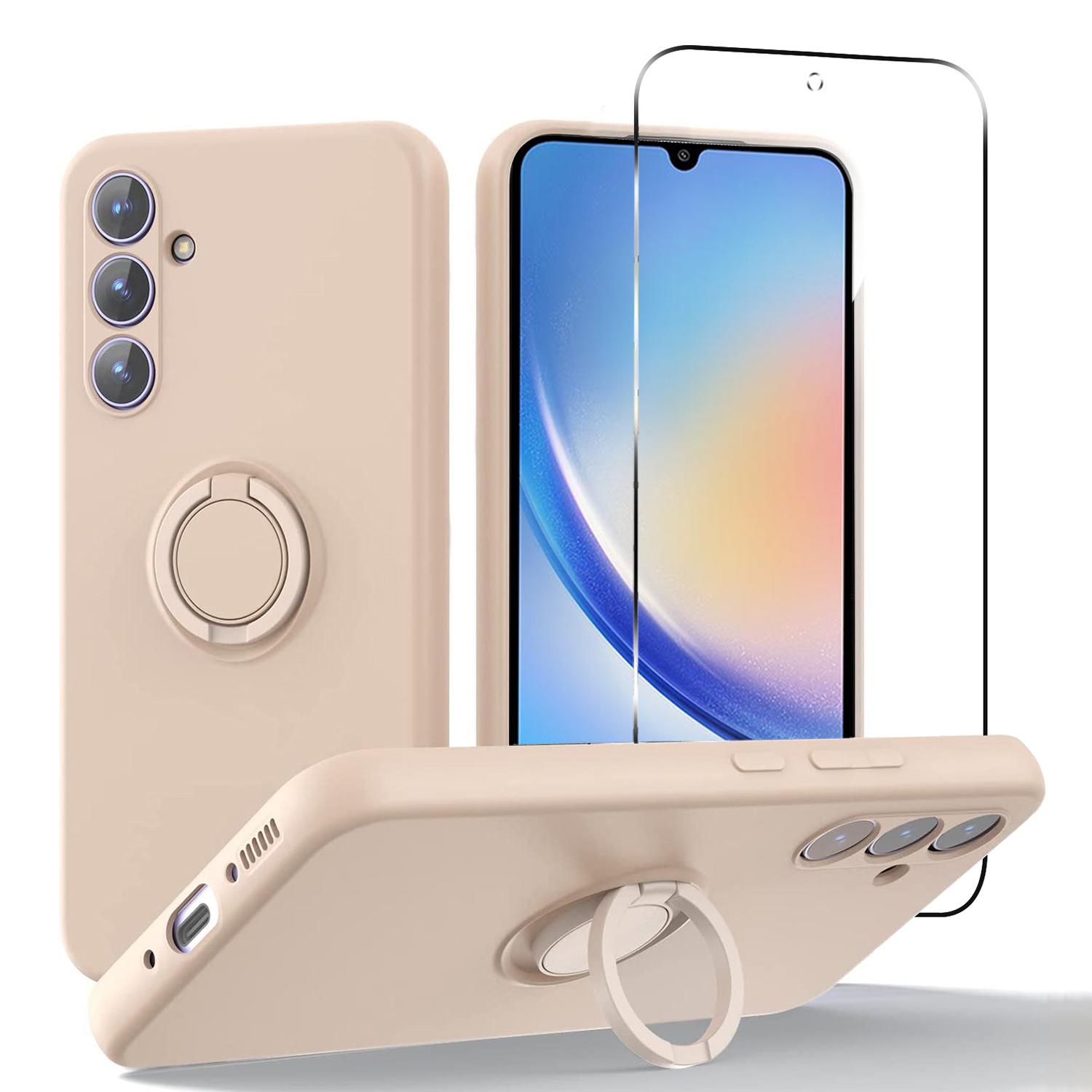 

Для Samsung Galaxy A34 5G Жидкий силиконовый чехол Подставка Чехол для телефона с 2.5D Арочным краем Закаленное стекло Защитная пленка Pink