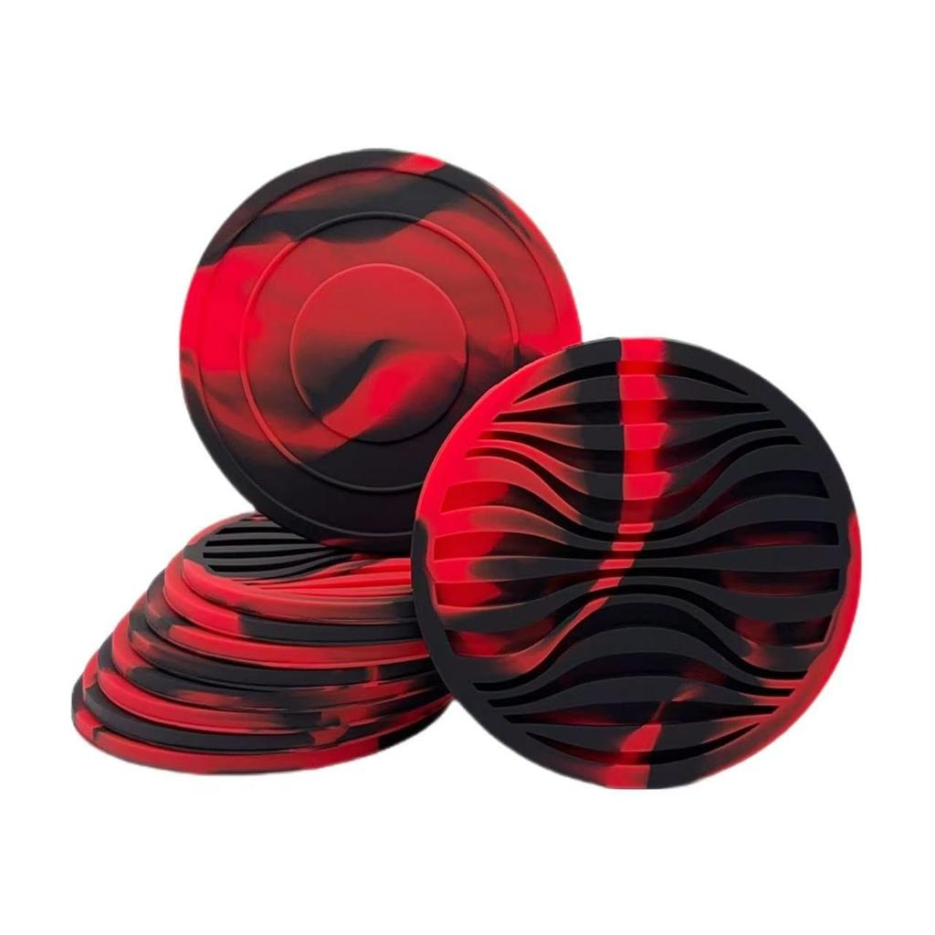 Karasu no Ki Silicone Coasters, Stylish, Set of 10, Non-Stick, Water-Resistant, Heat-Resistant, Non-Slip, Round, 10cm (Red and Black Wave Shape)