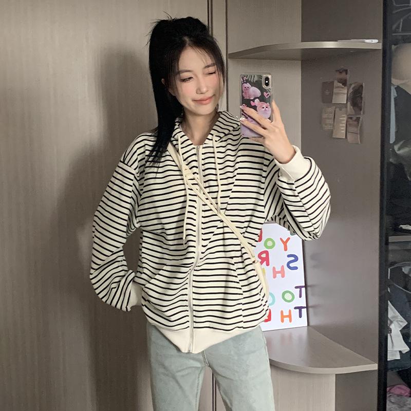 Hooded Sweater Women's Autumn Trend Loose Striped Zipper Casual Sweater Jacket Cardigan Top