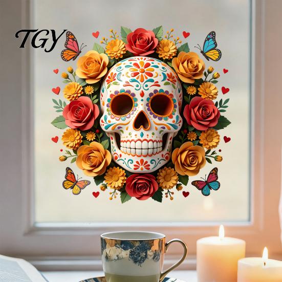 Spooky Party Window Ornament Day of The Dead Skull Flower Static Sticker, Colorful Mexican Floral Glass Creative Holiday Gifts for Friends Halloween