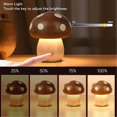 Noční lampička Teplé světlo Ebenové dřevo LED stolní lampa USB dobíjecí Plynulé stmívání Tvar houby pro jídelnu