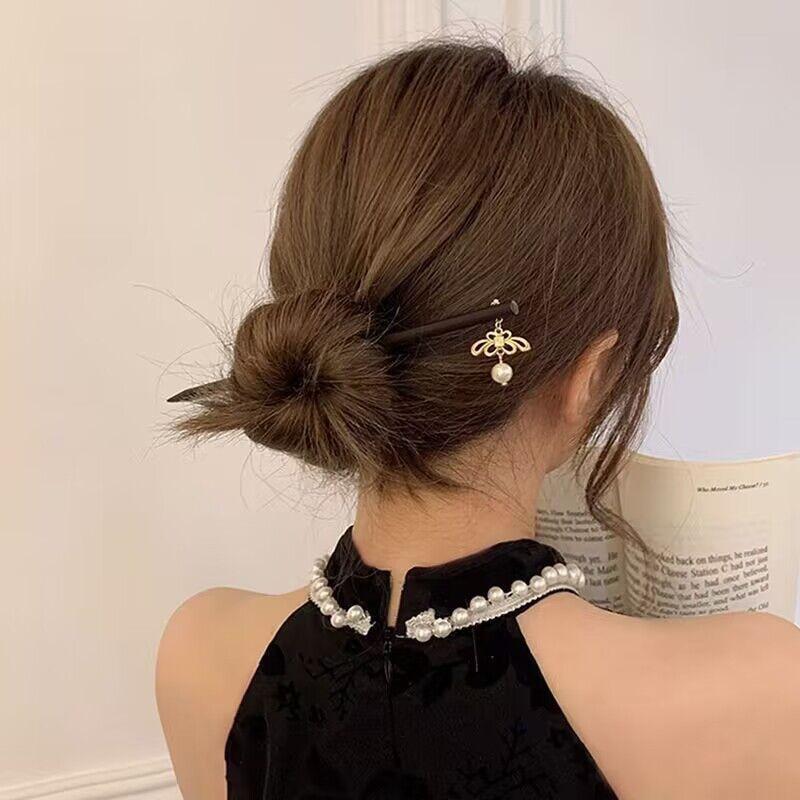 Antique Wood Hairpins Female New Chinese Simple Geometric Black Hair Sticks Hair Clips For Women Hair Accessories Pearl Headwear