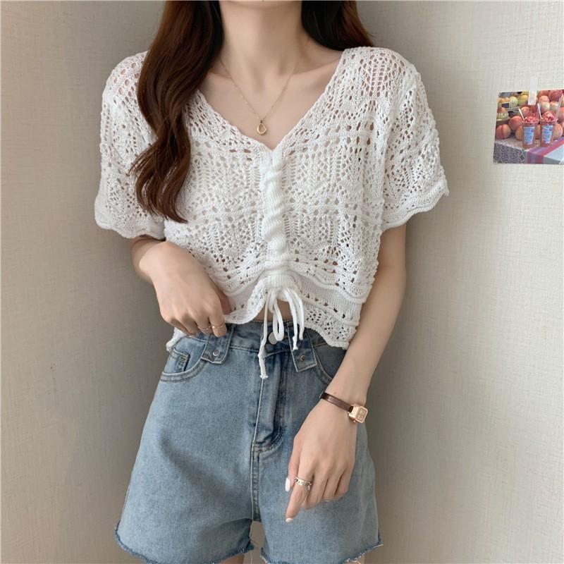 Chic Hollow Drawstring Knitted Sweater Women's Spring and Summer Small Sweet and Spicy Design Sense V-neck Lace-up Short Top