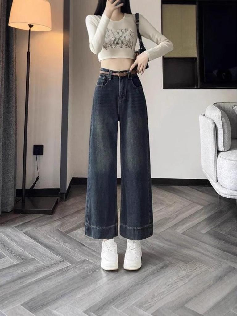 Retro Blue Women's Wide Leg Jeans - Petite, Nine-Point, Loose Fit, Straight Leg for Spring/Summer