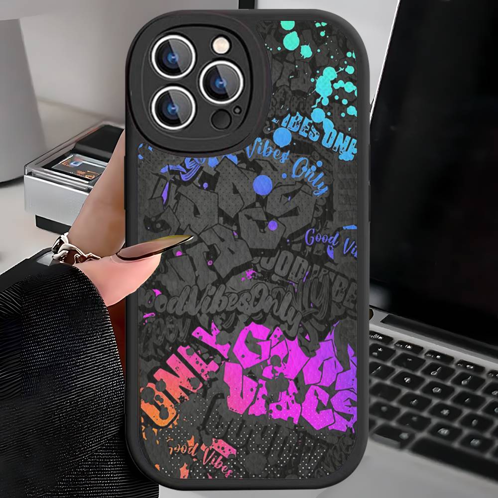 Coole Schwarze Graffiti Leder Handyhülle Für iPhone 16 15 14 17 Pro Max 11 12 Mini Plus Weiche Hülle