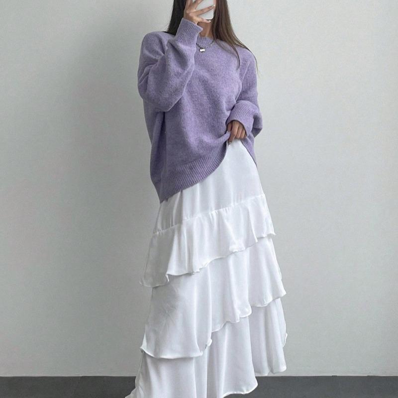Autumn and winter new simple pullover knitted sweater crew neck sweater women's loose versatile lazy style solid color top tide