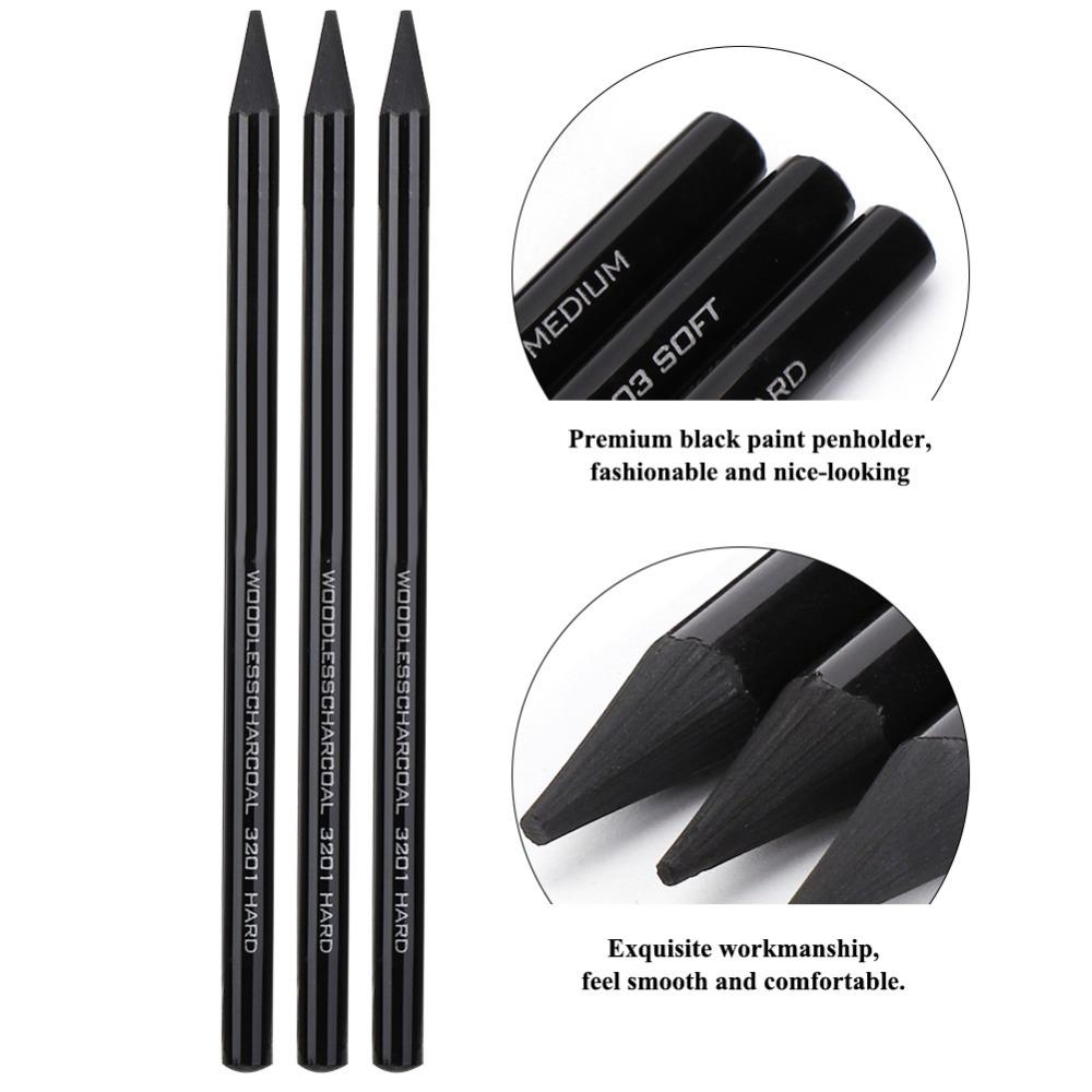 3 matite a carboncino senza legno, dure, medie e morbide, per disegno e schizzi, ideali per artisti.