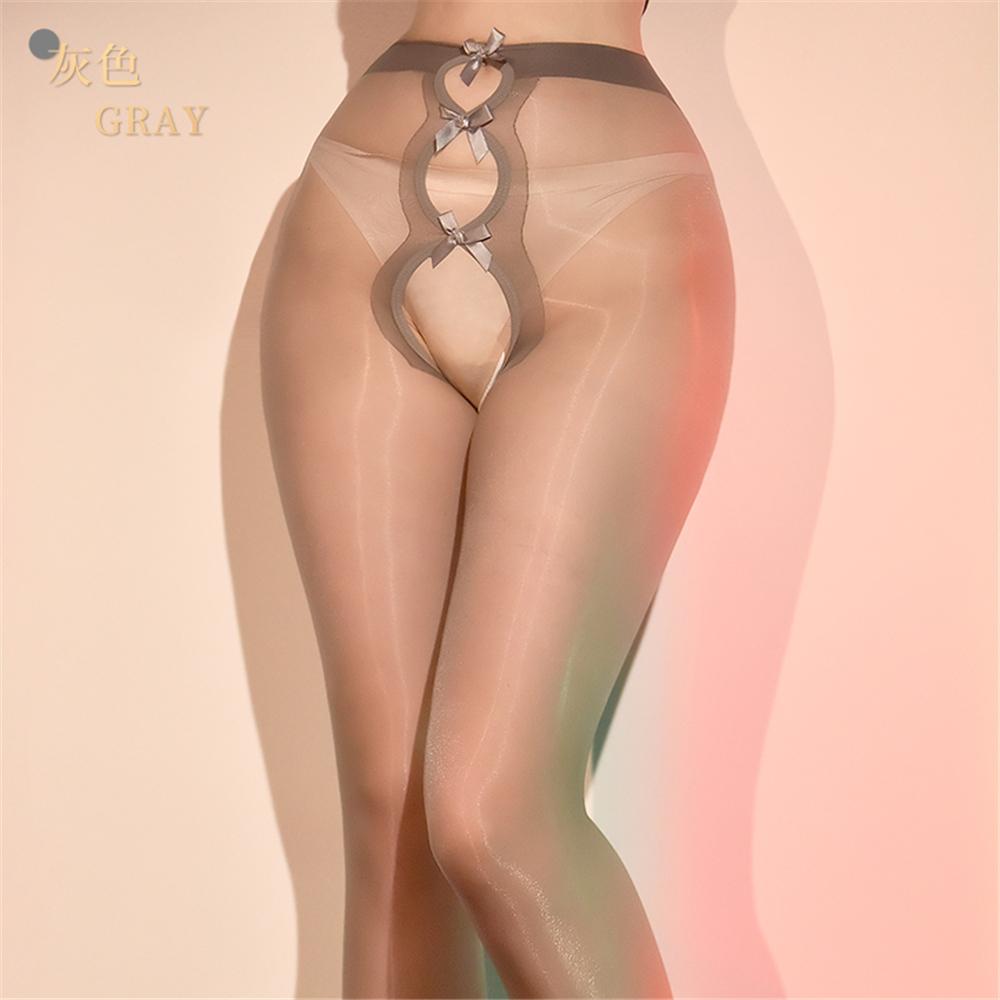 Sexy Women 3D Thin Oil Shiny Glossy Pantyhose Bow Hollow Out Tights Exotic Open Crotch Allure Vintage Maid Pantyhose Shaper