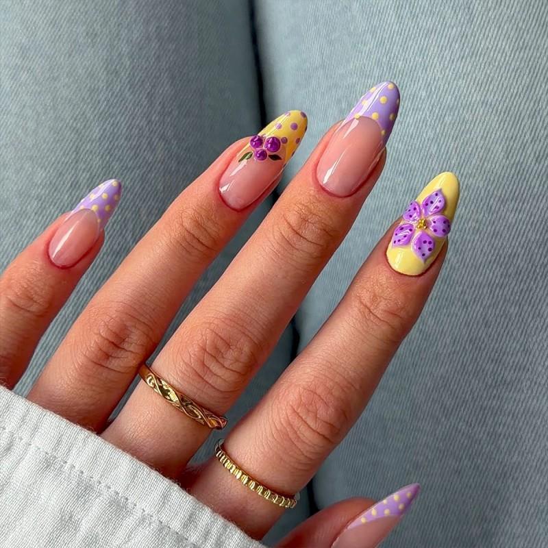 3D Gel Nail Tips With Floral Polka Dot French Almond Shape Press-On Nails Women