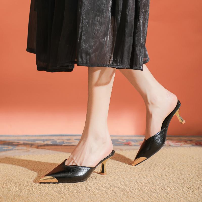 Baotou Half Slippers Women Wear Pointed High Heels Thick Heels Cool Slippers Women's New High Heels Slippers Large Size