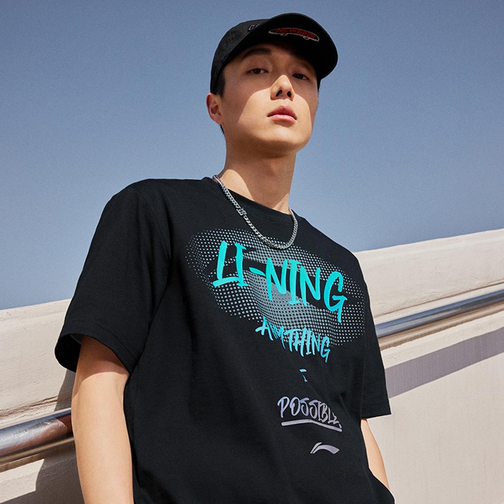 Li Ning Sports Lifestyle Series High Street American Vintage Letter Print Loose Comfortable Short Sleeve T-Shirt Unisex Tops Black AHSU741-2