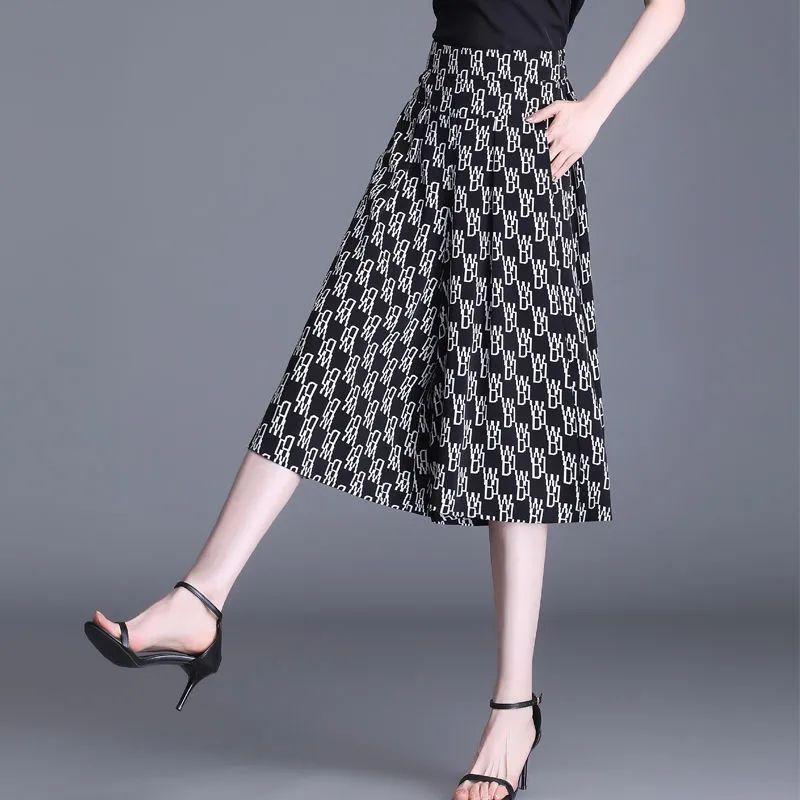 Summer New Fashion Elegant High Waist Wide Leg Pants Women Print Letter Pockets Loose Casual Straight Thin Casual Skirts
