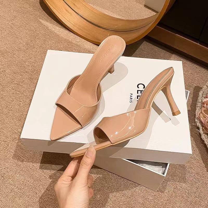 Summer Women High-heeled Slippers Sexy Pointed Toe Thin Heel Slippers Luxury Leather Slippers for Women Designer Peep Toe Slides