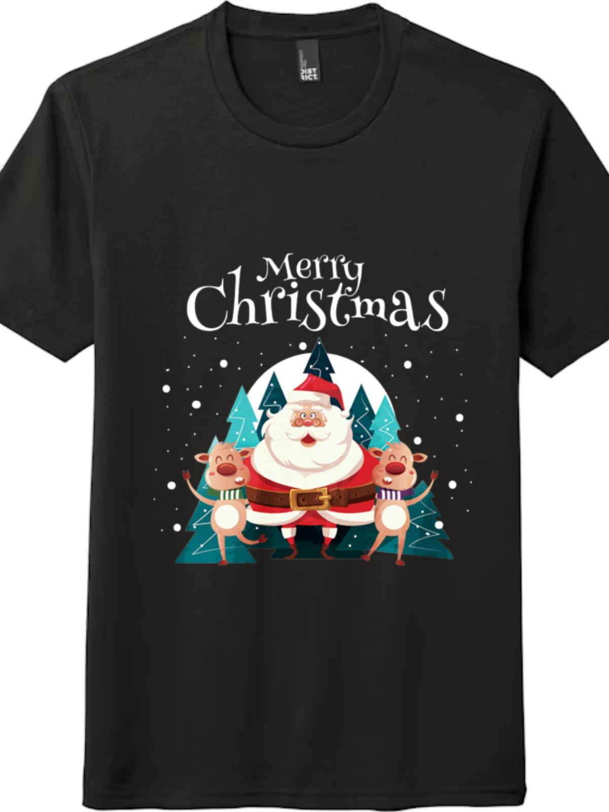 Merry Christmas Santa and Reindeer Graphic T-Shirt Mens Womens Tees Top XL