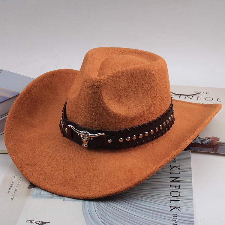 Western Cowboy Style Tibetan Bull Head Accessories Fashion Top Hat Autumn/Winter New Collection Deer Skin Velvet Large Edge Riding Hat