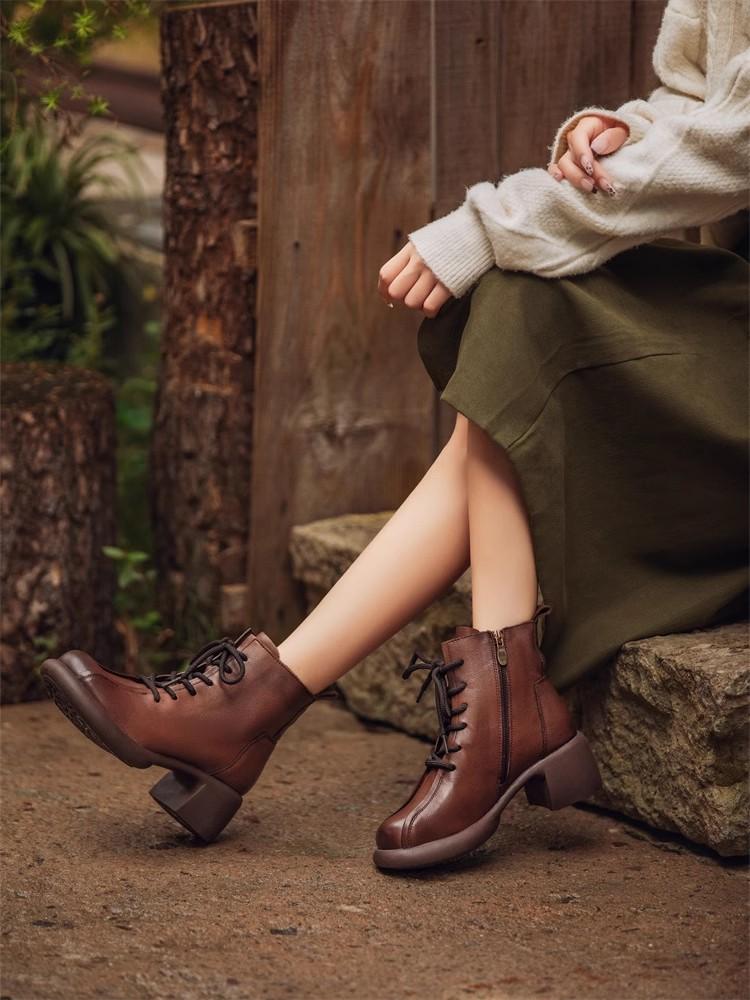 Fashion GKTINOO Handmade Retro High Heel Boots Women Autumn Winter Full Cow Leather Round Toe Zipper Trend Warm Ankle Boots Female