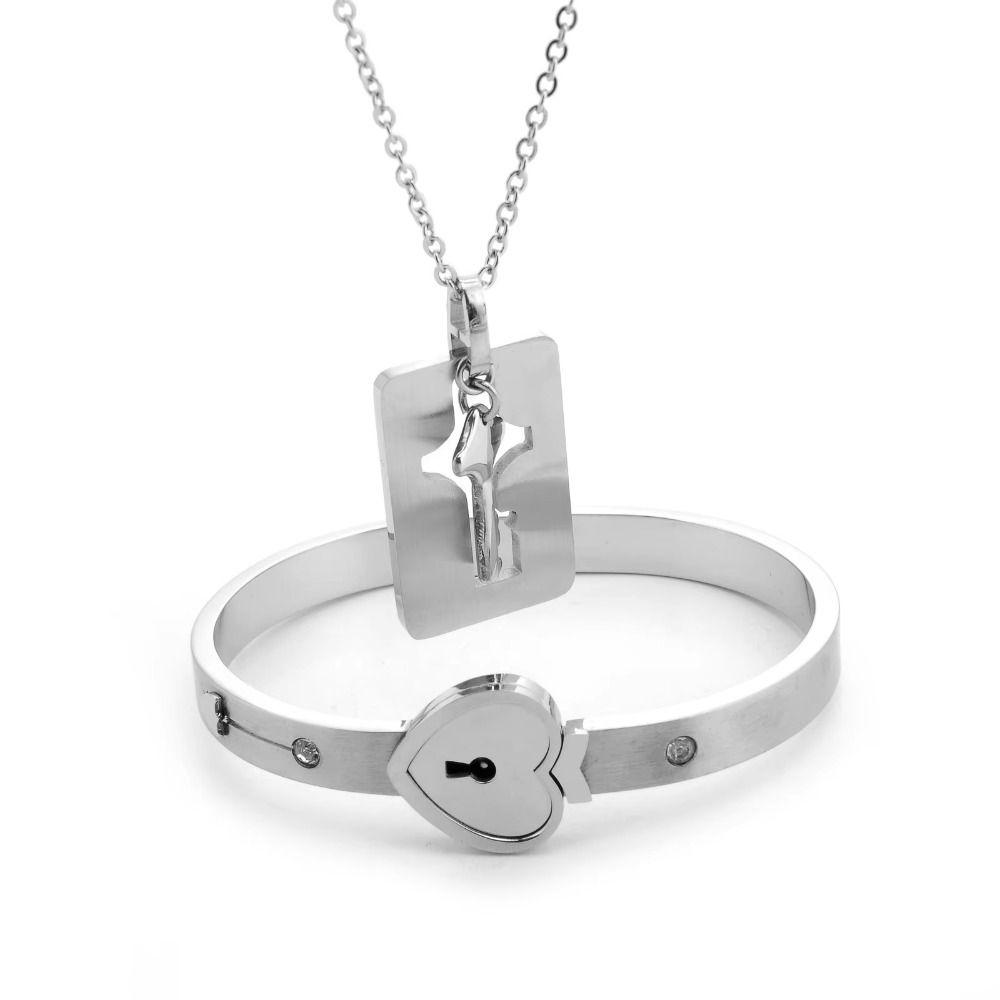Stainless Steel Heart Lock Bracelets Gold Silver Key Pendant Necklace  Jewelry Gift