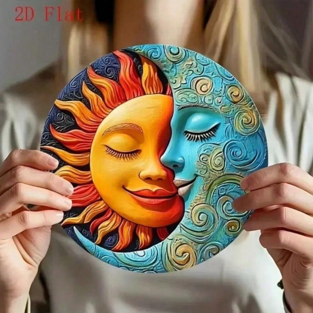 Vintage Metal Tin Sign Sun Moon Wall Art, Circular Face Plaque Creative Home Decor