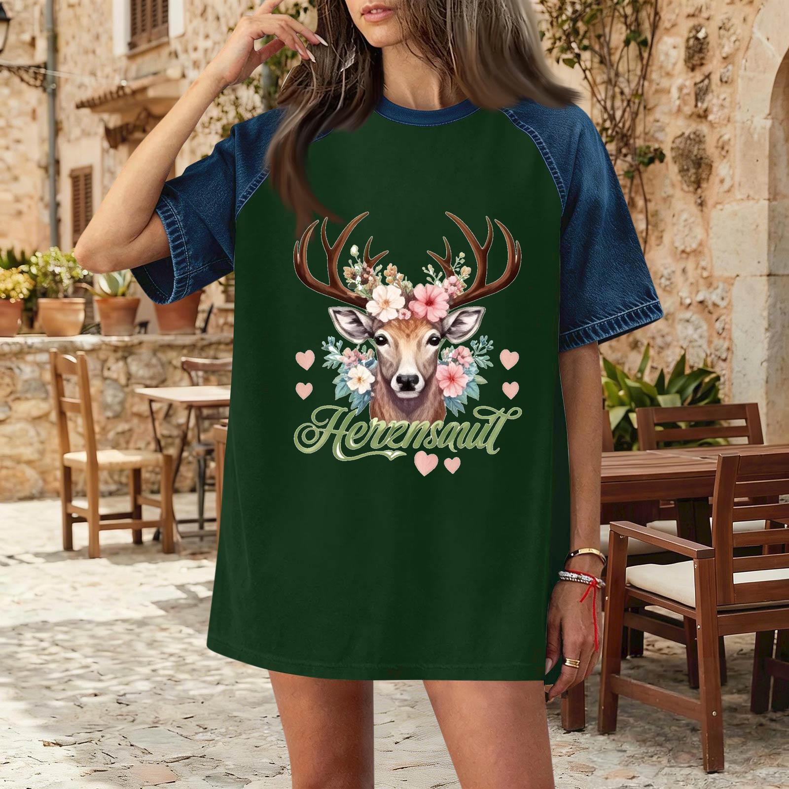 

Women s Casual Denim Patch T-Shirt Oktoberfest Graphic Tee Comfortable Short Sleeve Loose Fit Top L