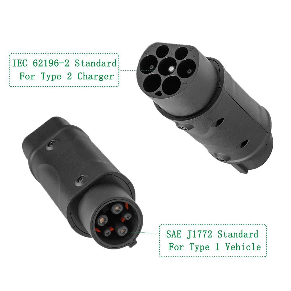 32A EVSE Charging Adapter For IEC 62196 Socket Type 2 To Type 1 EV Charger Plug
