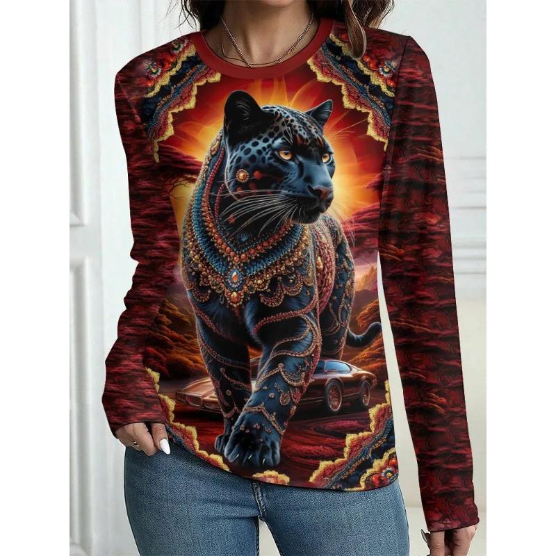Autumn and Winter Women's Animal 3D Printed Crew Neck Long Sleeve T-Shirt