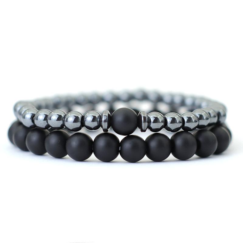 2 Pcs Natural Black Frosted Tiger Eye Stone Bracelet Men Women Gothic Vintage Beaded Brazelets Set Couple Hand Jewellery